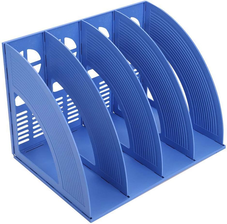Desk File Organiser,SAYEEC Sturdy Desktop 4 Compartments Plastic Magazine Holders Frames File Dividers Document Cabinet Rack Display and Storage Organiser（Blue）