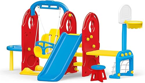 DOLU  Parque infantil 7 en 1 juguete para patio trasero y al aire libre, columpio, tobogán, aro de baloncesto y más, plástico impermeable duradero,