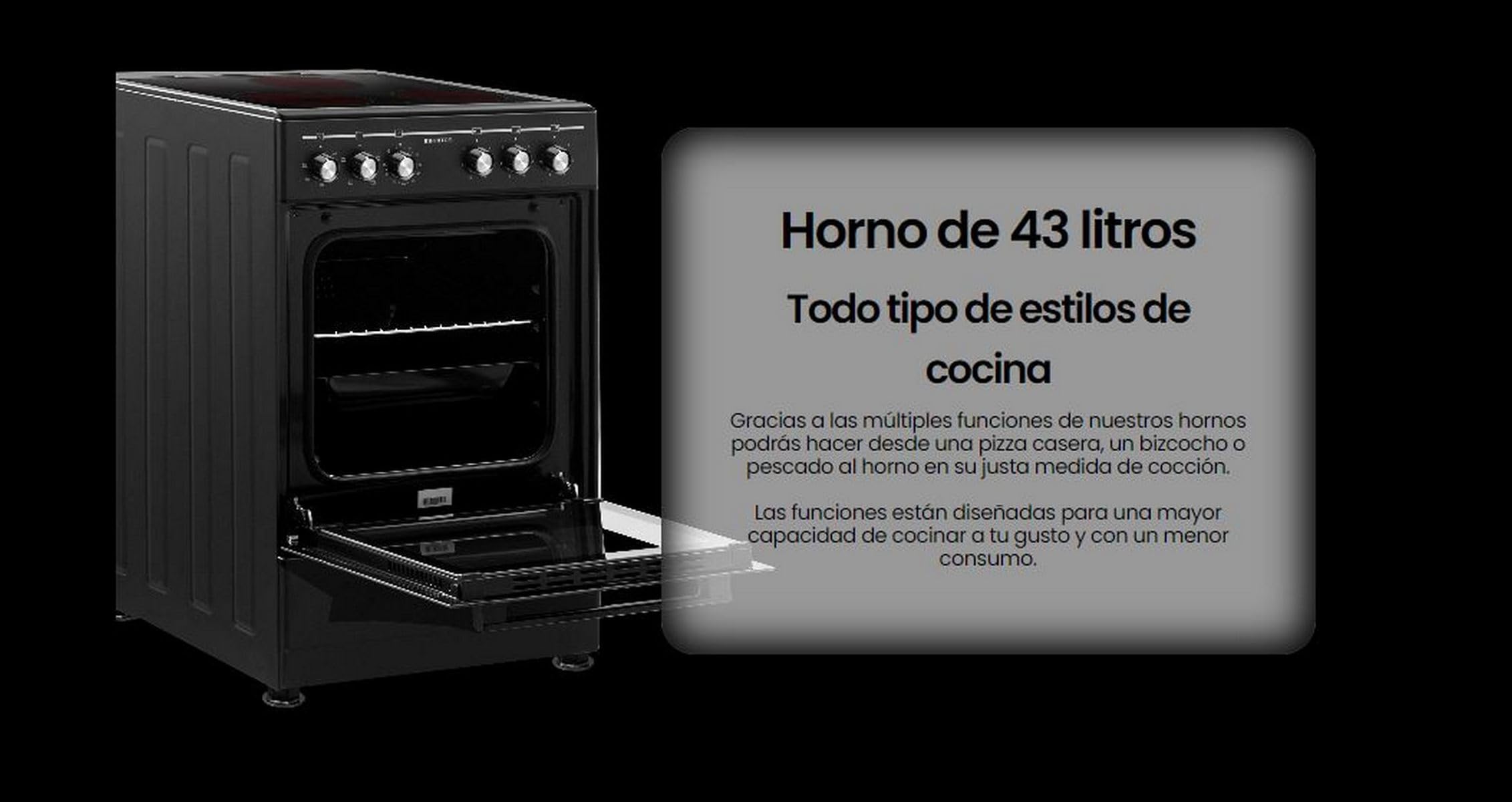 INFINITON Cocina con Horno CC-B550V3, Vitroceramica 3 Zonas, Horno Electrico 43 L, 6 Niveles de Potencia, Grill, Doble Acristalamiento, A, Negro