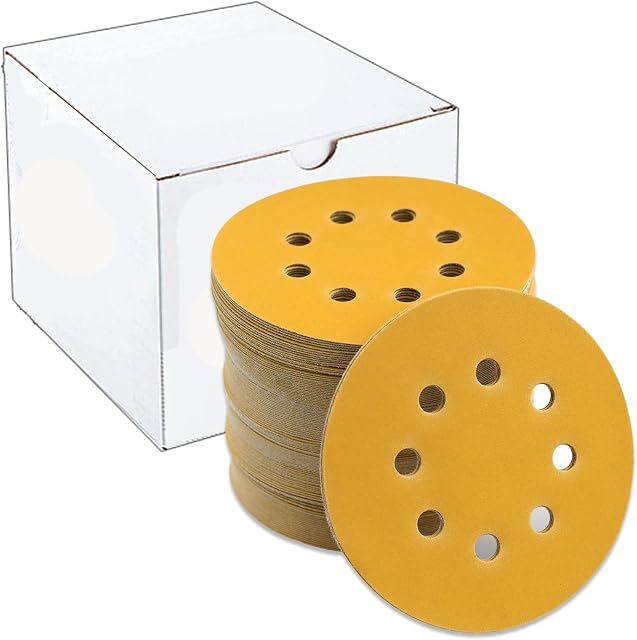 100 Pcs 125mm Sanding Discs Pads, Premium 8 Hole 60 Grit Hook and Loop Sandpaper Sheet for Random Orbital Sander.