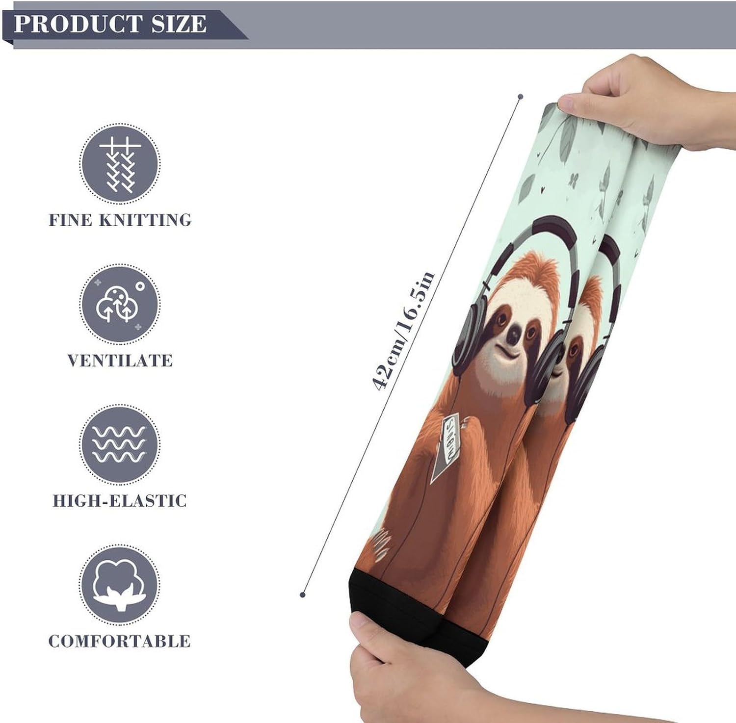 Funny Cute Animal Sloth Music Compression Socks for Man Women Breathable Knee High Tube Socks Baseball Football Sock Over The Calf Sock Circulation Support for Running Travel Athletic Daily Wear