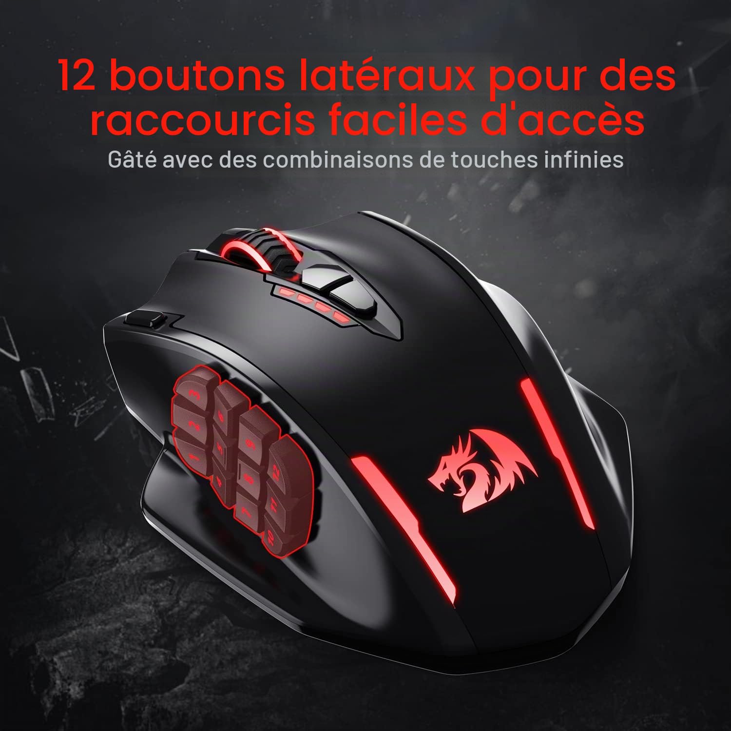 Redragon M913 Impact Elite Souris de Jeu sans Fil 16 000 DPI avec 16 Boutons programmables, 45 Heures de Fonctionnement sur Batterie et capteur Optique Pro, 12 Boutons latéraux