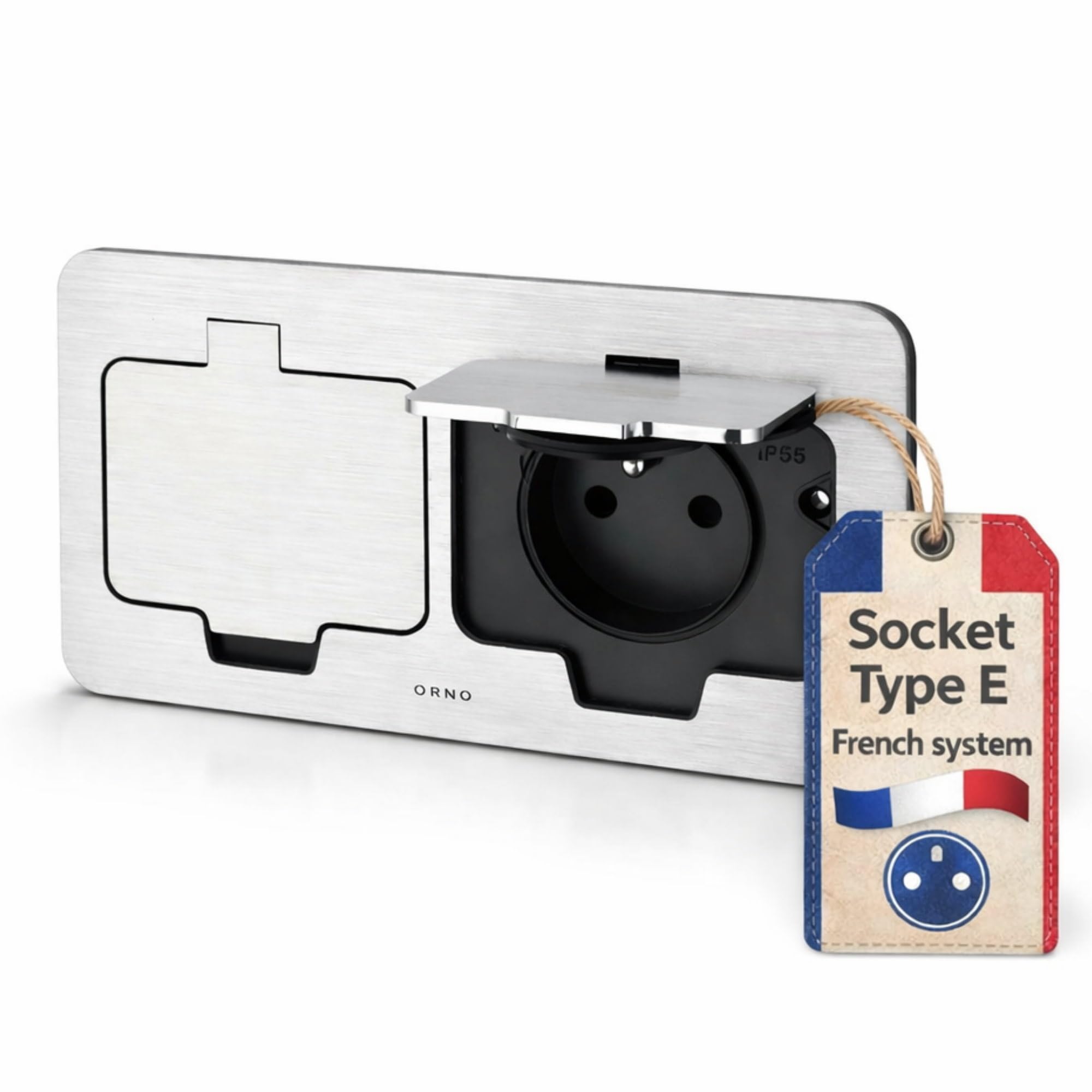 Enchufe doble empotrable de acero inoxidable, IP55, tapa abatible, abrazadera tipo E francés