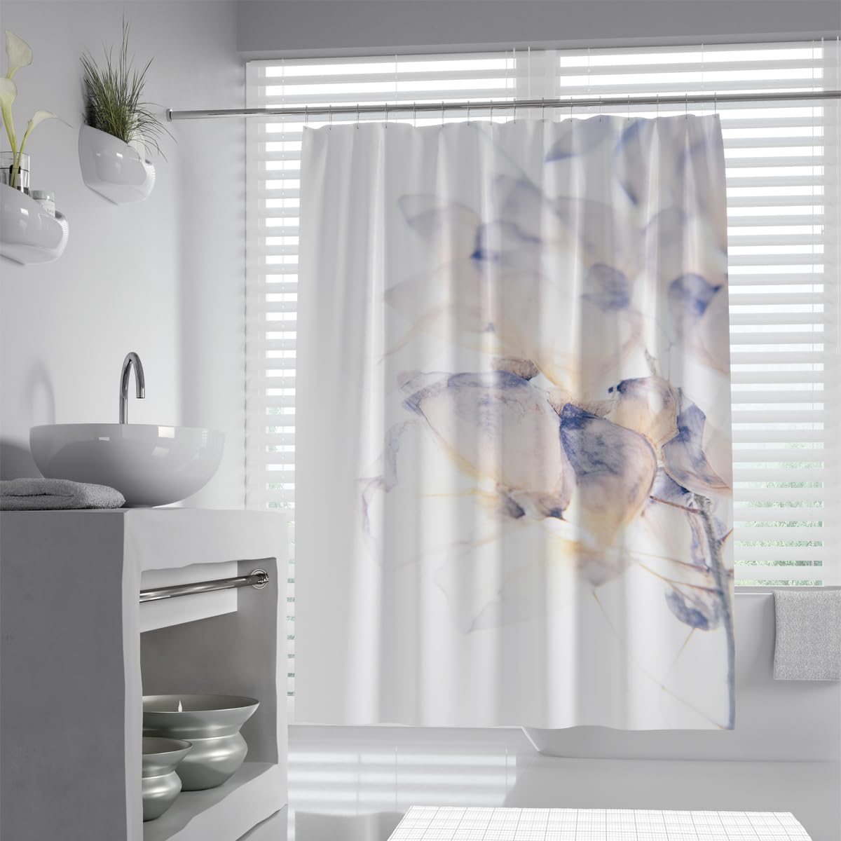 UIRINGART Blue Ink Lotus Flower Shower Curtain W90xL180cm Abstract Watercolor Floral Art Waterproof Quick Dry Bathtub Curtain with Hooks
