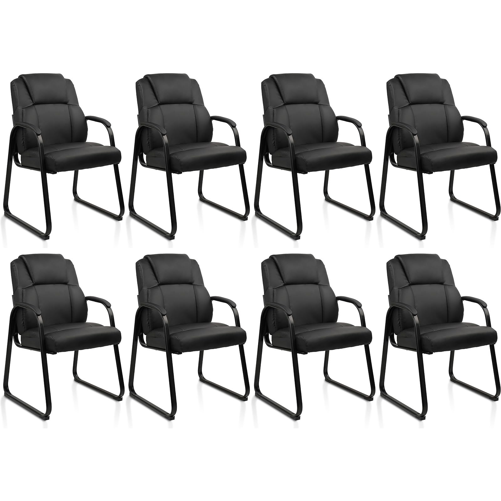 CLATINA Classic Leather Soft Reception Chair with Padded Armrests and Sled Base, Executive Guest Chair for Office Computer Desk Conference Waiting Meeting Room, Black (8 Pack)