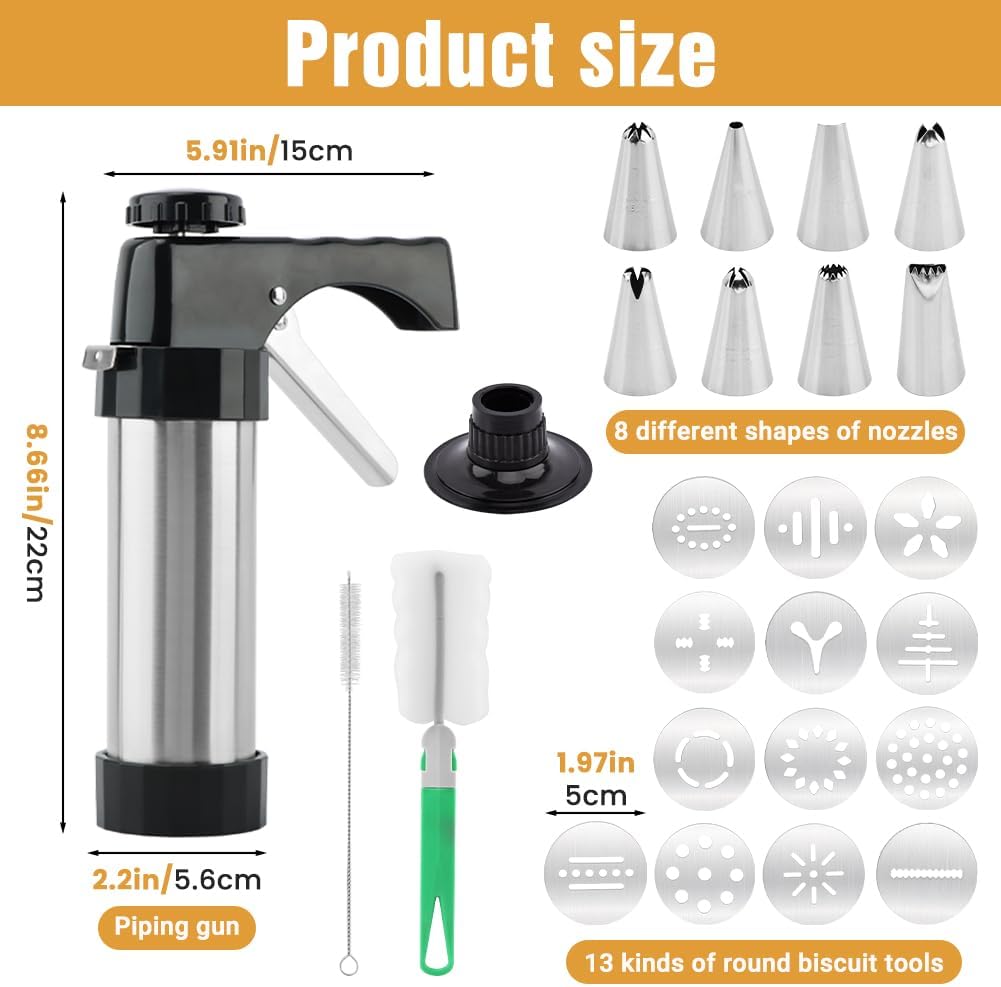 Stainless Steel Cookie Press Gun Kit with 13 Discs & 8 Tips for Baking, DIY Spritz Cookies, Biscuits & Cake Decorating Supplies
