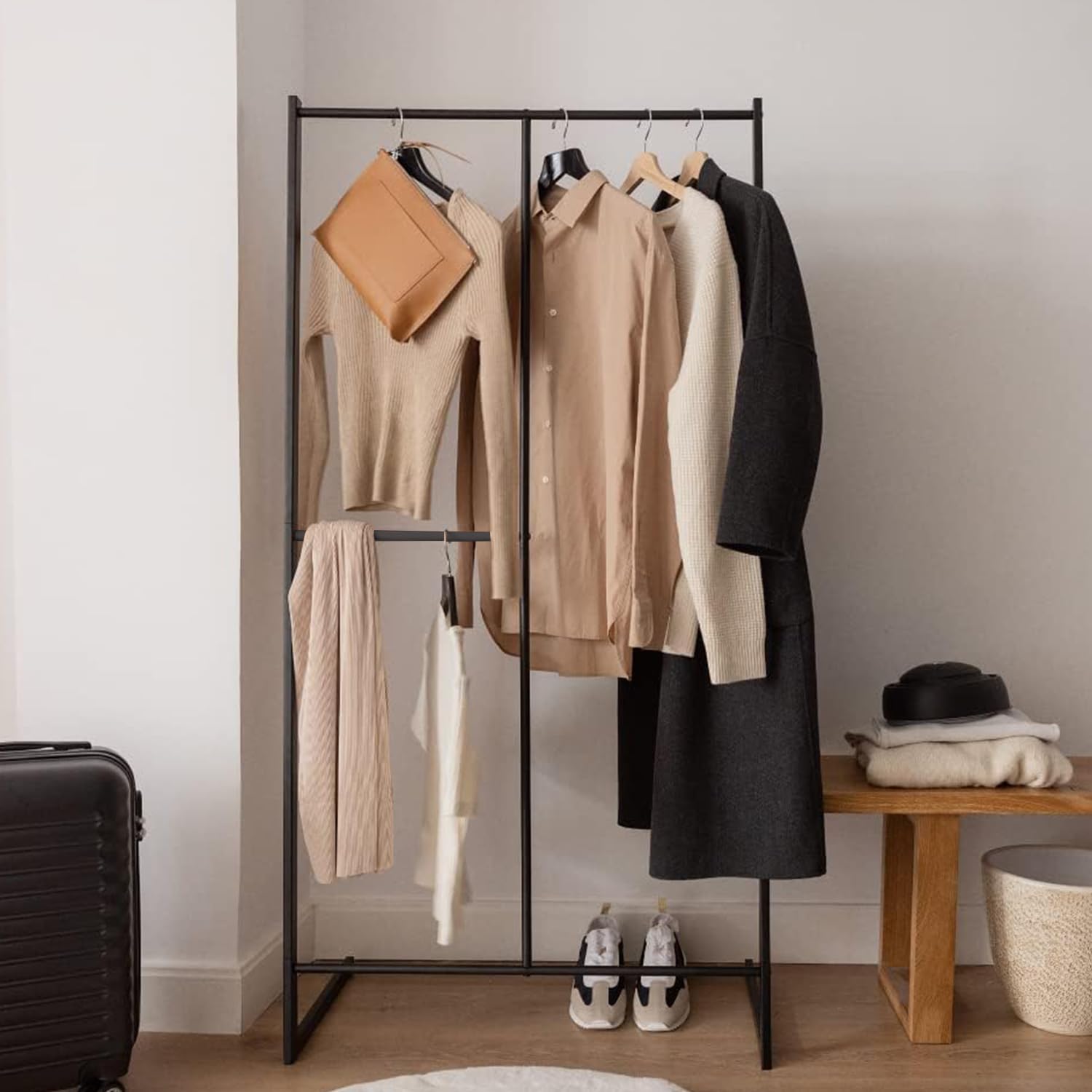 Lukzer Space-Saving Clothes Rack – Multi-Layer Metal Double Pole Garment Stand with Shelf, Floor Standing Clothes Organizer for Small Rooms, Apartments & Retail (Black, 160x80x40 cm)