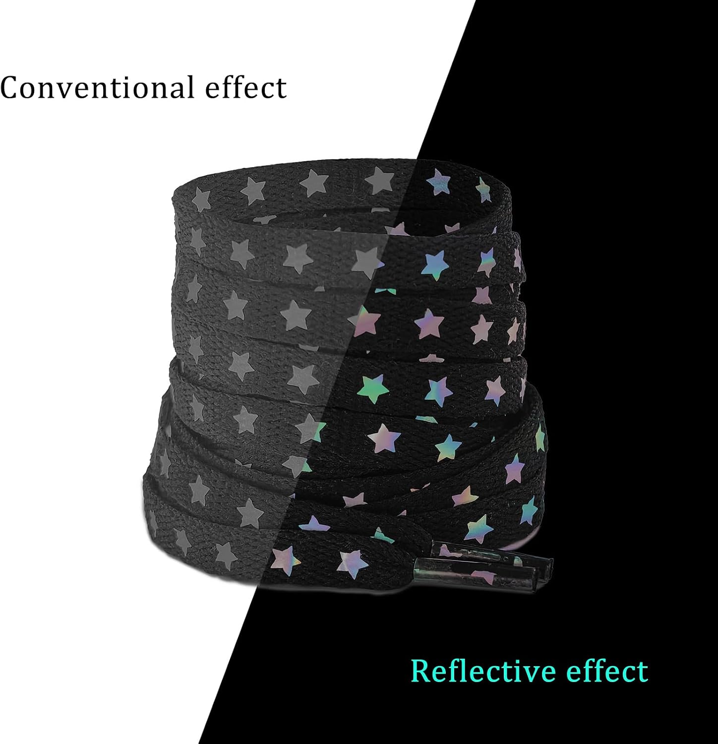 Flat Star Reflective Shoe Laces, 5/16"(8mm) Stylish Vibrant Glow Safety Shoelaces Replacement Strings for Sneakers