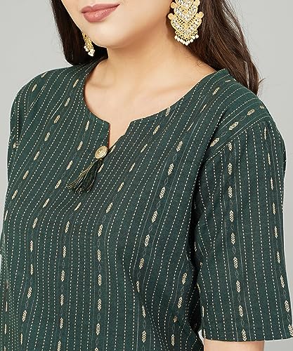 Image of Cotton Dobby Woven Design V- Neck Elbow Sleeves Knee Length Kurta for Women's