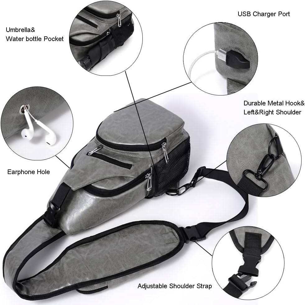 Sling Bag Crossbody Backpack for Women Men Waterproof Chest Shoulder Bag Daypack for Hiking Walking Travel USB Charger Port (Leather Pink) : Sports & Outdoors