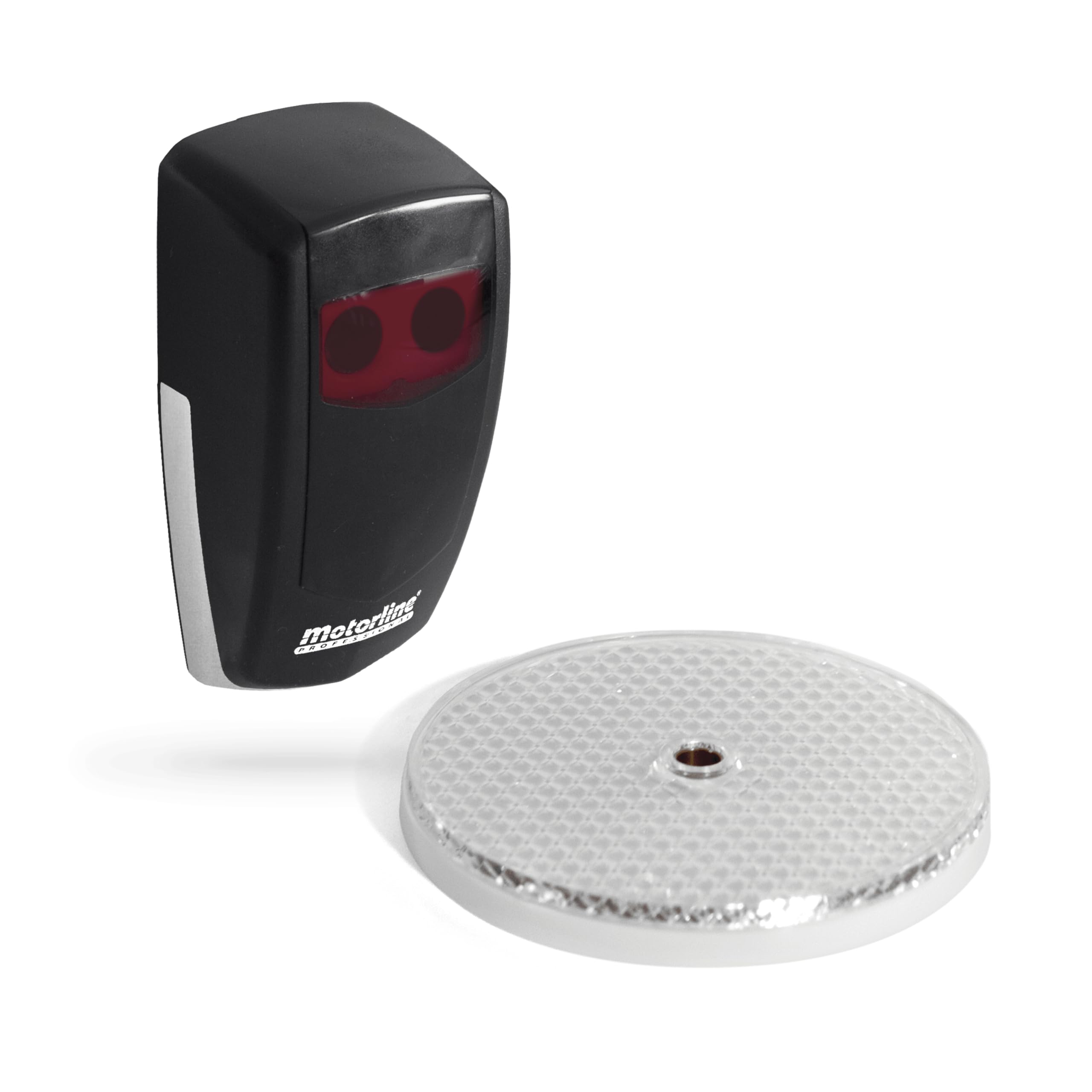 MOTORLINE Kit fotocellula esterna modulata MFE con riflettore a specchio e portata fino a 12m, alimentazione 12/24V AC - 12/24/36V DC, ideale per rilevamento ostacoli su porte e cancelli automatici
