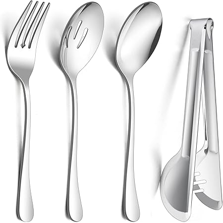 Large Serving Utensils Set of 8, E-far Stainless Steel 9.8 Inch Serving Spoons Slotted Spoon, 9.9 Inch Serving Fork, 9.4 Inch Serving Tong for Buffet Catering Banquet, Mirror Finish & Dishwasher Safe