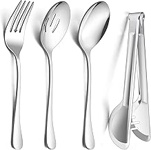 Large Serving Utensils Set of 8, E-far Stainless Steel 9.8 Inch Serving Spoons Slotted Spoon, 9.9 Inch Serving Fork, 9.4 Inch Serving Tong for Buffet Catering Banquet, Mirror Finish & Dishwasher Safe