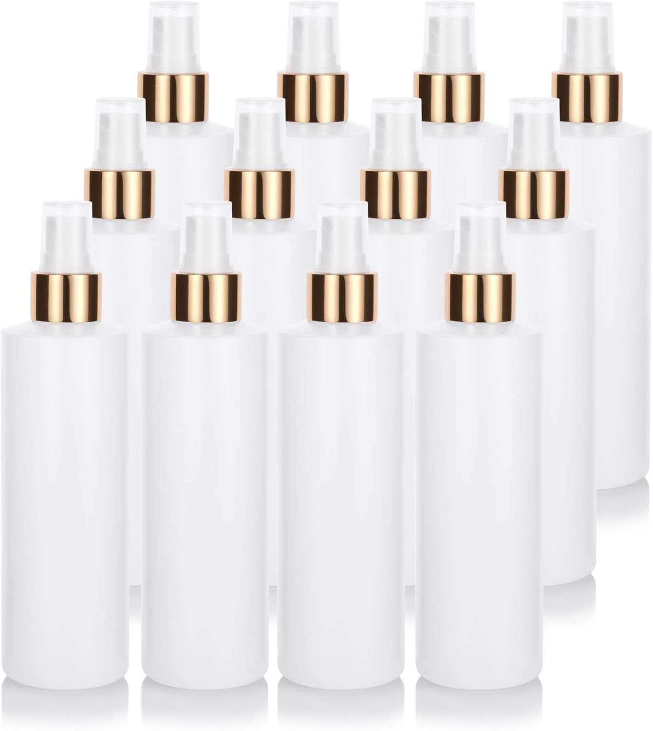 JUVITUS 8 oz Clear Natural Refillable Plastic Squeeze Bottle with Gold Metal Fine Mist Spray (12 pack)