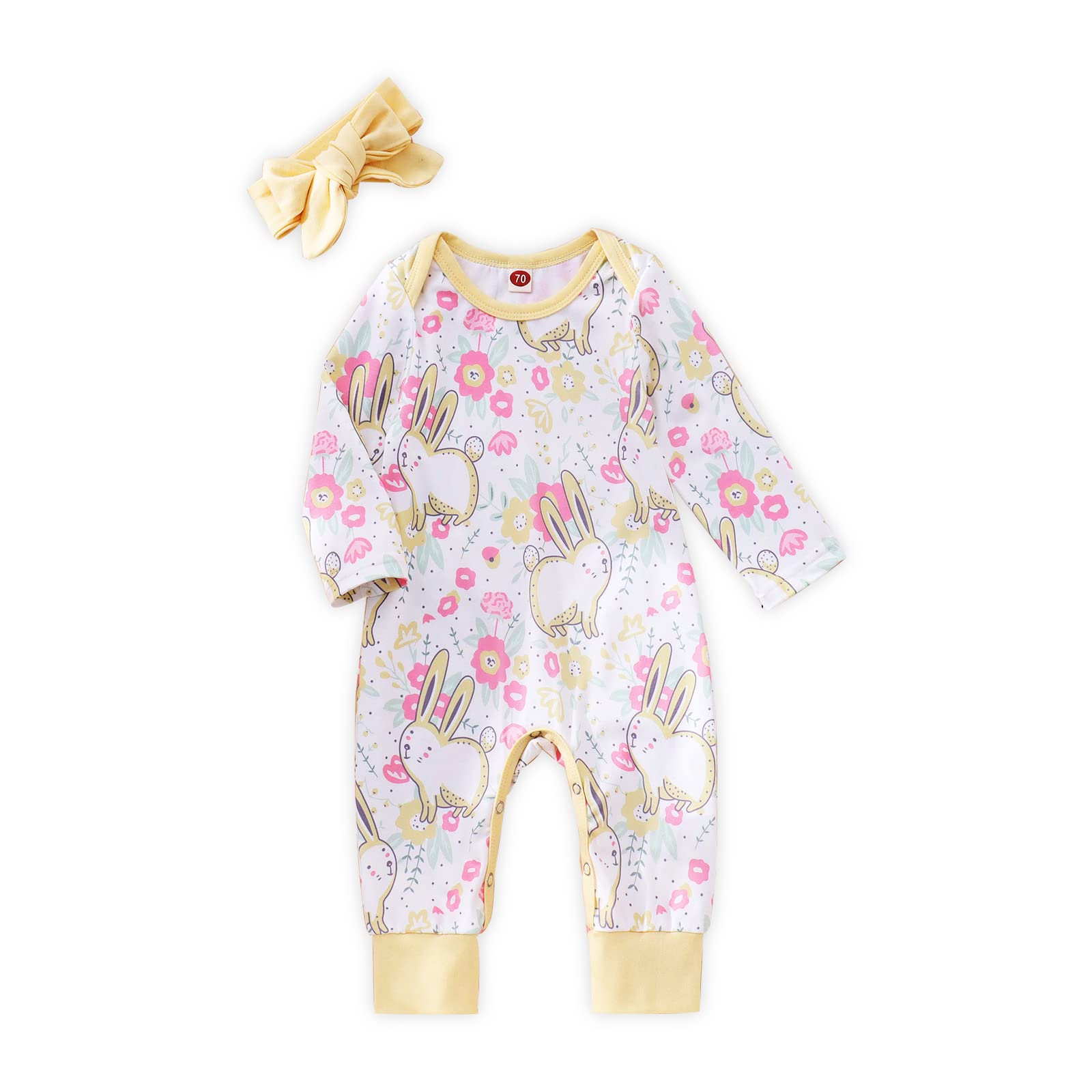 Infant Baby Girl Easter Clothes Cute Bunnies Flowers Printed Long Sleeve Jumpsuit with Headband 2pcs Outfit Set