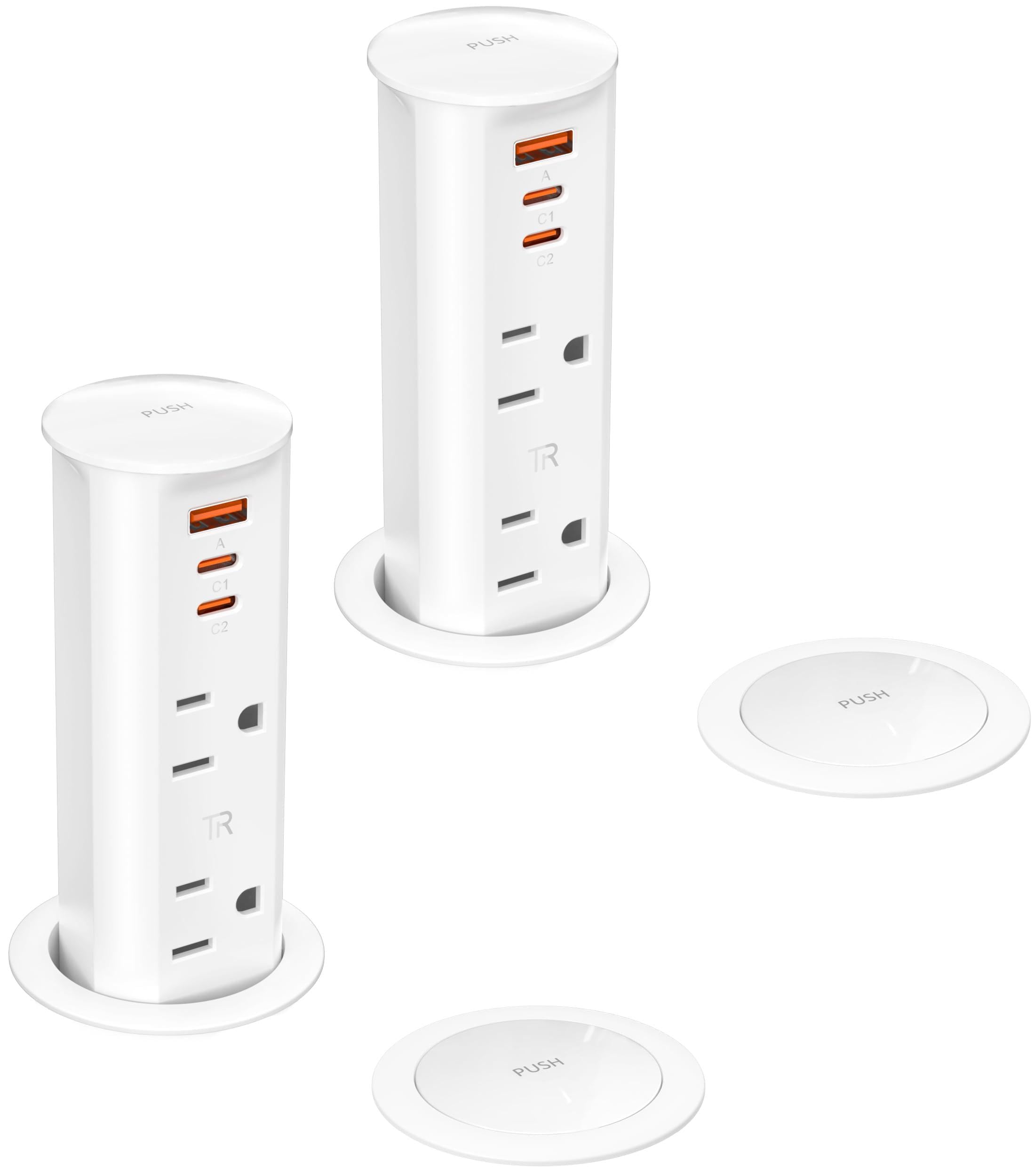 Photo 1 of Jgstkcity 2 inch Hole Pop up Outlet for Countertop,20W USB C,3 USB Ports,2 Outlets Receptacle,Flush Mount Space Saver Recessed Outlet,ETL Listed,2 PCS (White, 3FT-2PCS)