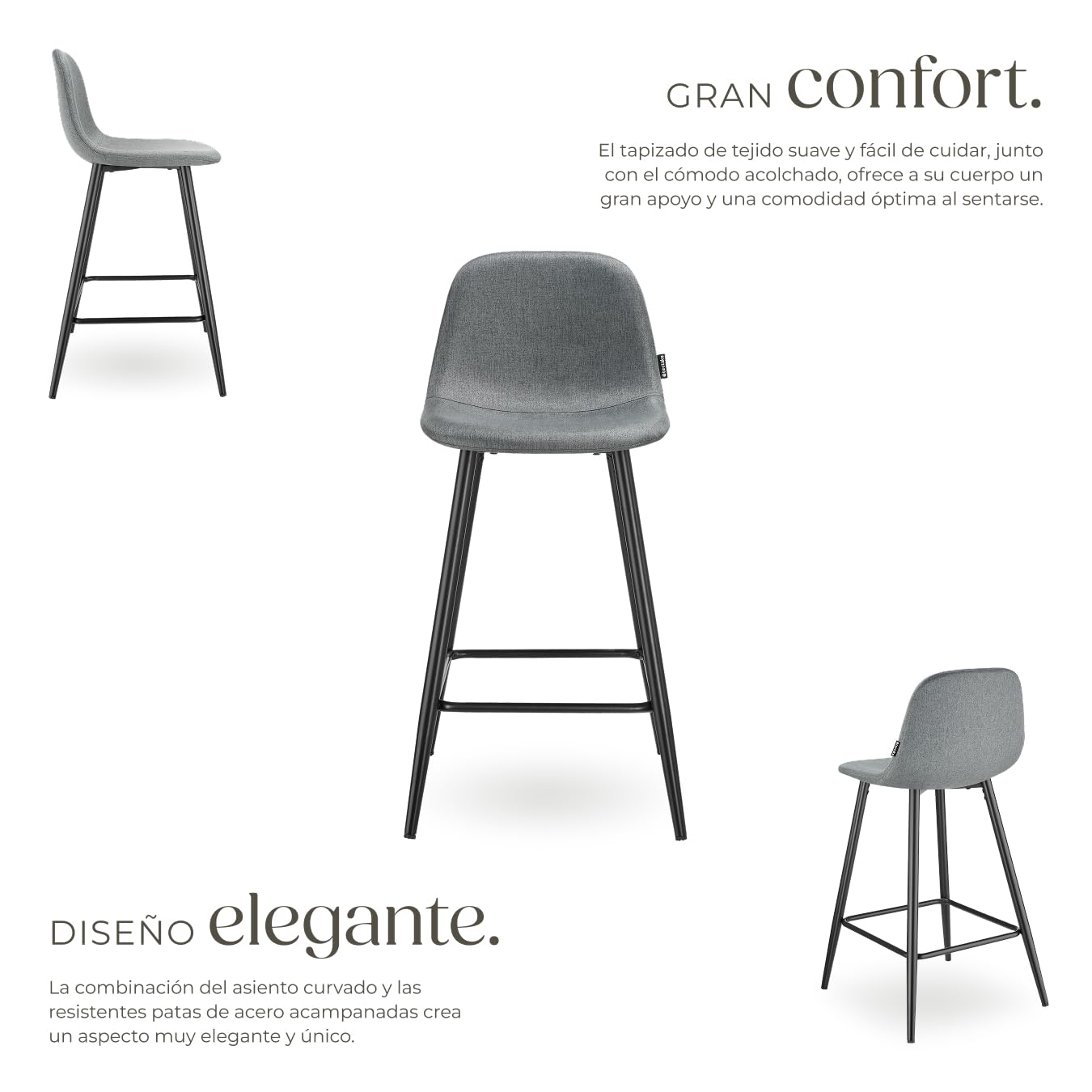 tectake® Taburete Alto con Respaldo, Acolchado, Reposapiés, Tejido Fácil De Cuidar, Patas De Acero, Pies Antideslizantes, Altura Ajustable, Silla Cocina o Bar, Banqueta - 2 sillas Gris Oscuro/Negro