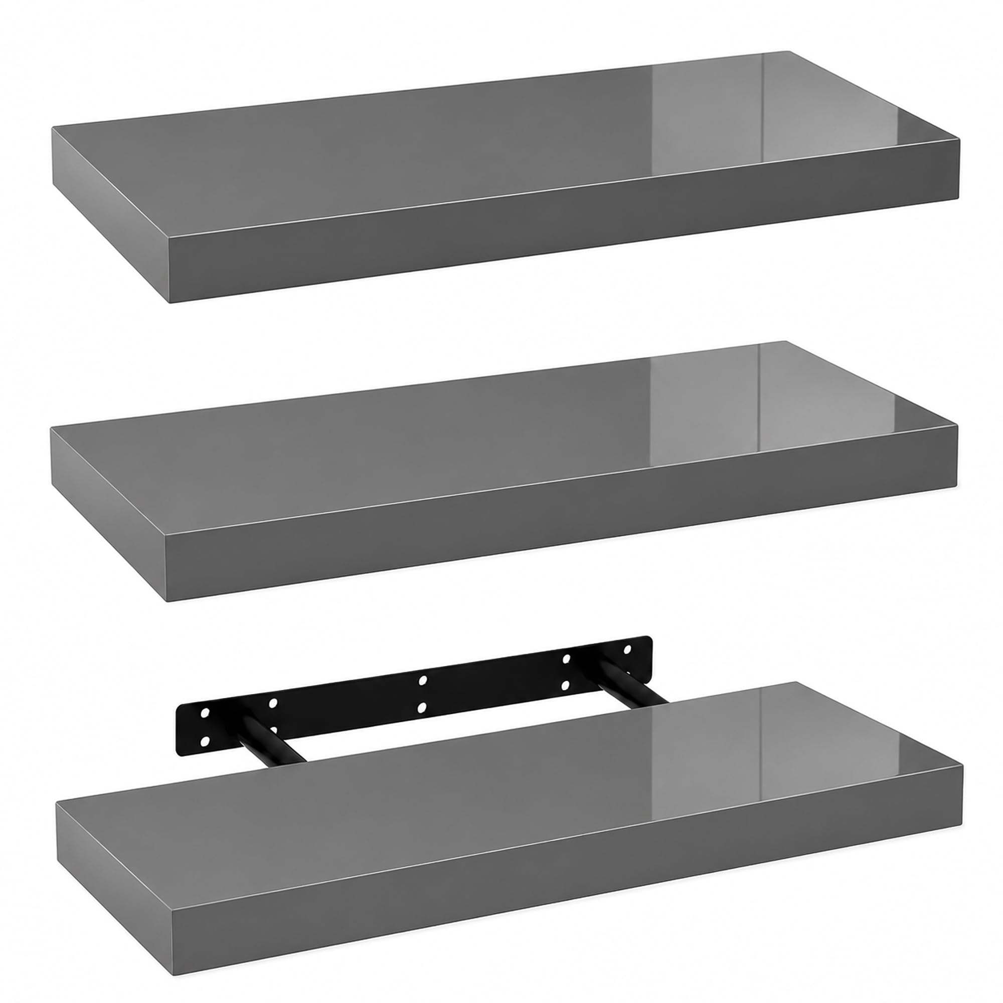 iTrend High Gloss Grey Floating Wall Shelf, Wall Mounted Floating Storage Shelves, Modern Book Shelf Display for Living Room, Bedroom, Kitchen & Bathroom, Bracket Included - 60cm, Pack of 3