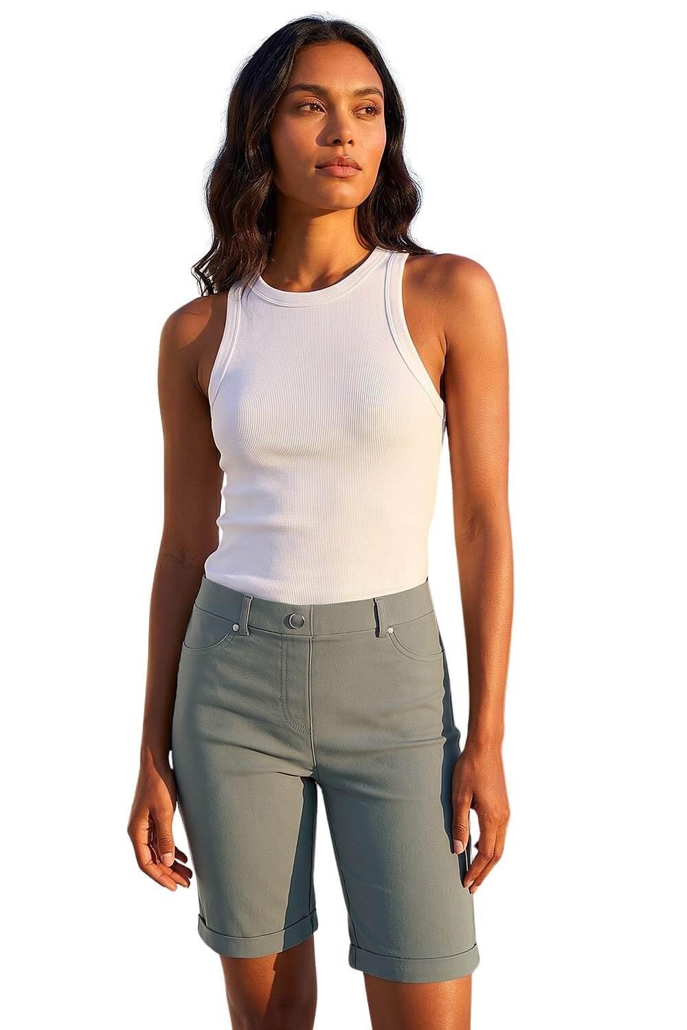 Roman Originals Women's Khaki Roman Stretch Shorts For Uk Pull On Turned Hem Cut Off Bengaline Mom Boyfriend Boy Denim Casual Cropped Pants Capri Slim Fit Turn Up Summer Crops Mother - Size 14