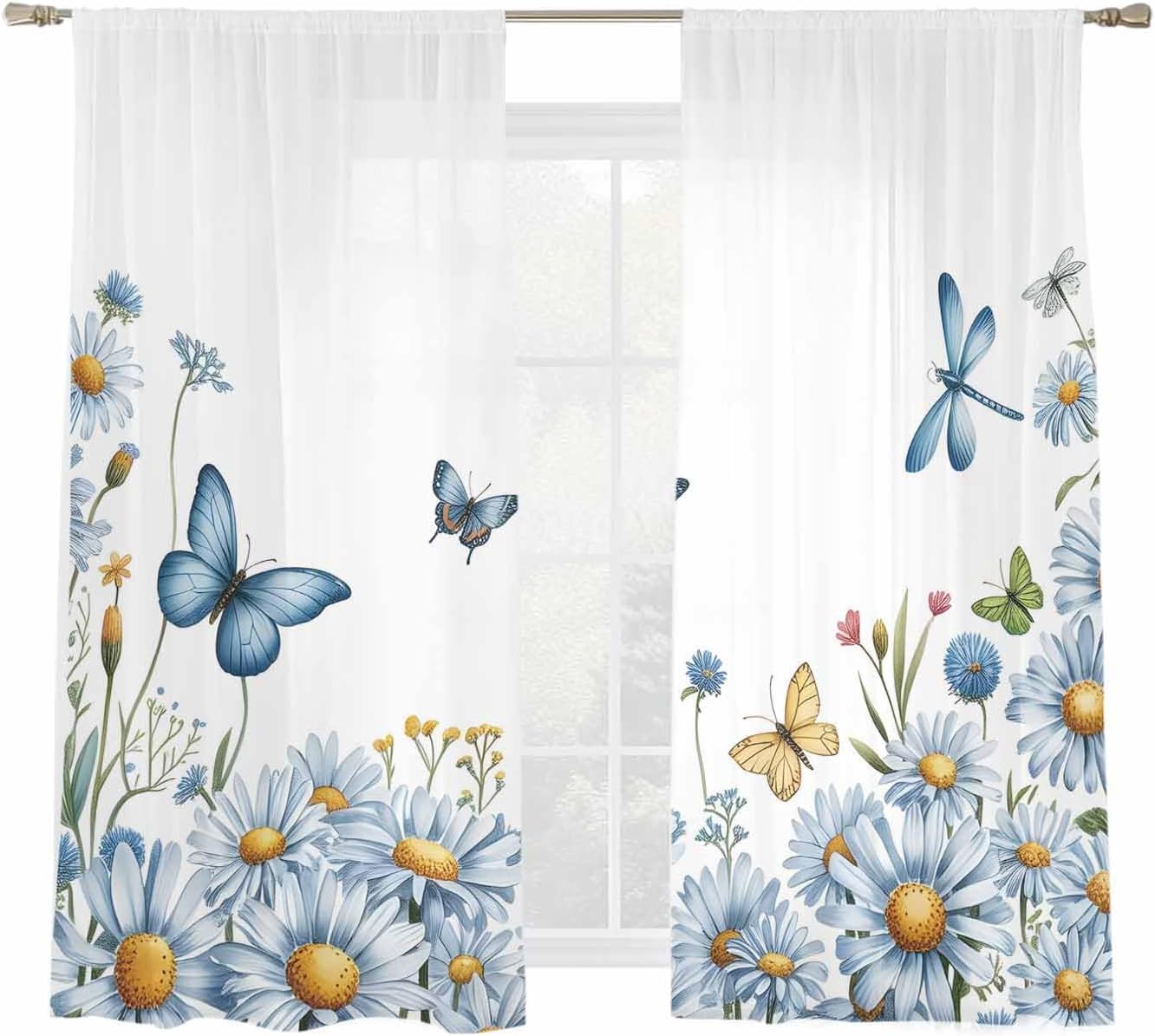 White Daisy Blossom Sheer Curtains for Living Room Bedroom Spring Graden Floral Butterflies Sheer Curtains 63 Inch Long 2 Panels Set Light Filtering Curtain Window Treatments Drapes for Dining Room