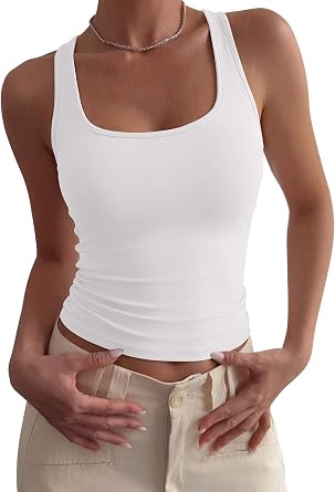 PINKMSTYLE Womens Double Lined Racer Back Tank Tops Scoop Neck Sleeveless Basic Tops Stretch Layering Summer Going Out Tops