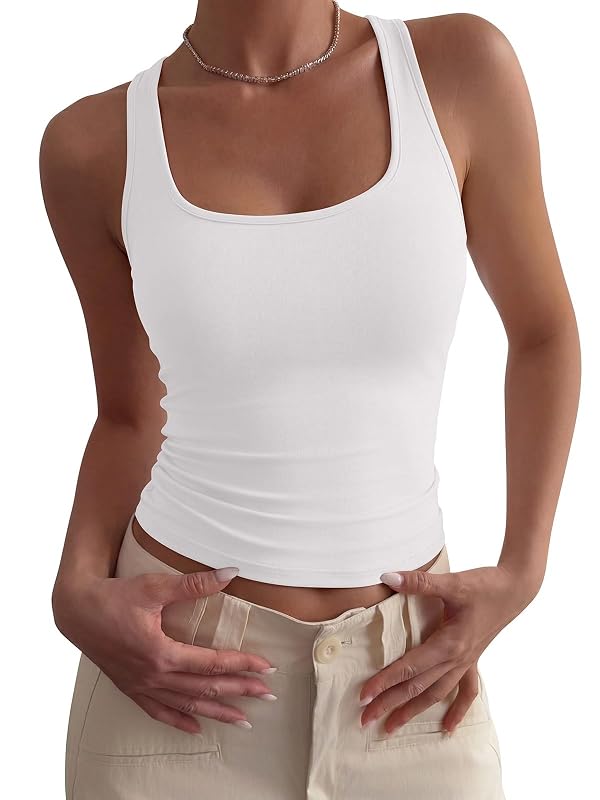 PINKMSTYLE Scoop Neck Double Lined Tank Top for Women Basic Sleeveless Summer Tops Slim Fit Workout Outfits White Small by PINKMSTYLE - Used condition - US$6.61