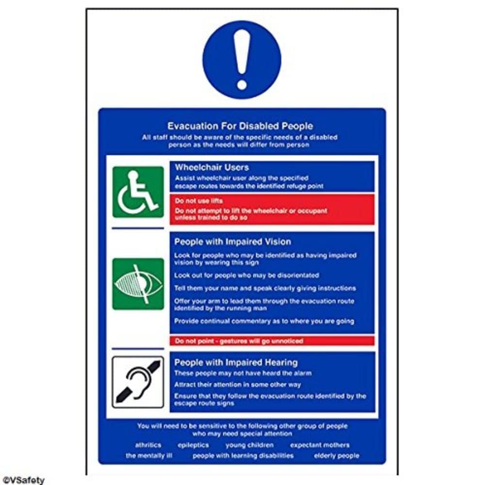 V Safety Evacuation For Disabled People Fire Action Notice Sign - 200mm x 300mm - Self Adhesive Vinyl