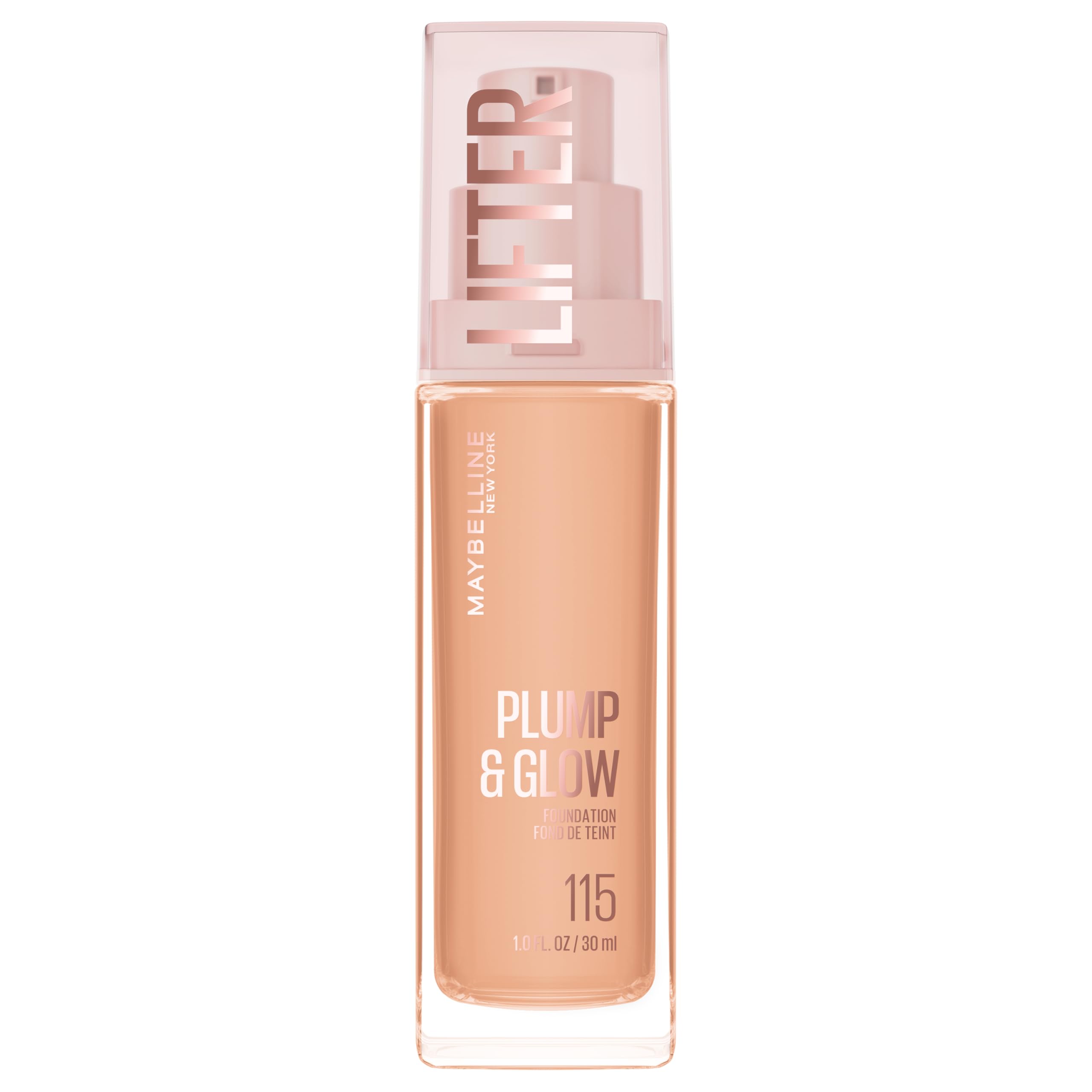 Maybelline Lifter Plump & Glow Foundation, Liquid Foundation with 2% Niacinamide + Hyaluronic Acid, Plumping and Brightening Face Makeup, 115, 1 Count