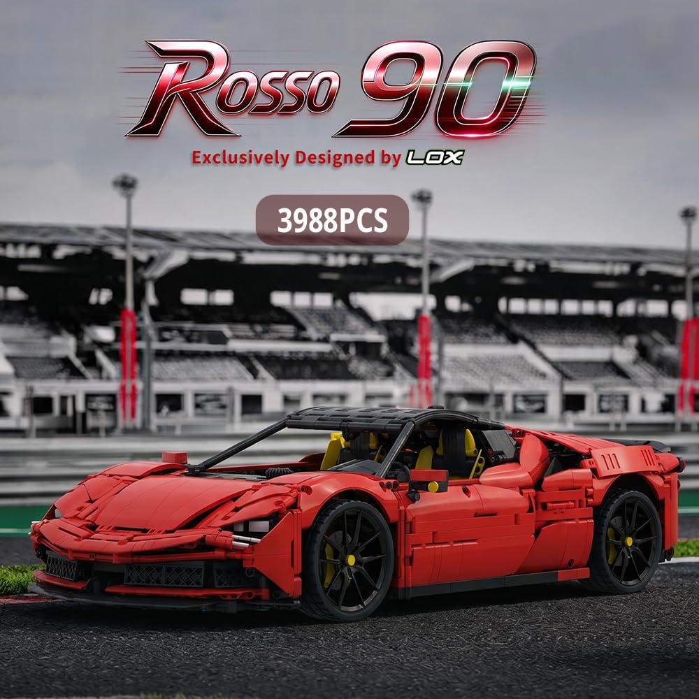 Set di mattoncini da costruzione di auto sportive rosse, modellino auto MOC, scala 1:8, grande regalo per adulti da collezionare ed esporre.
