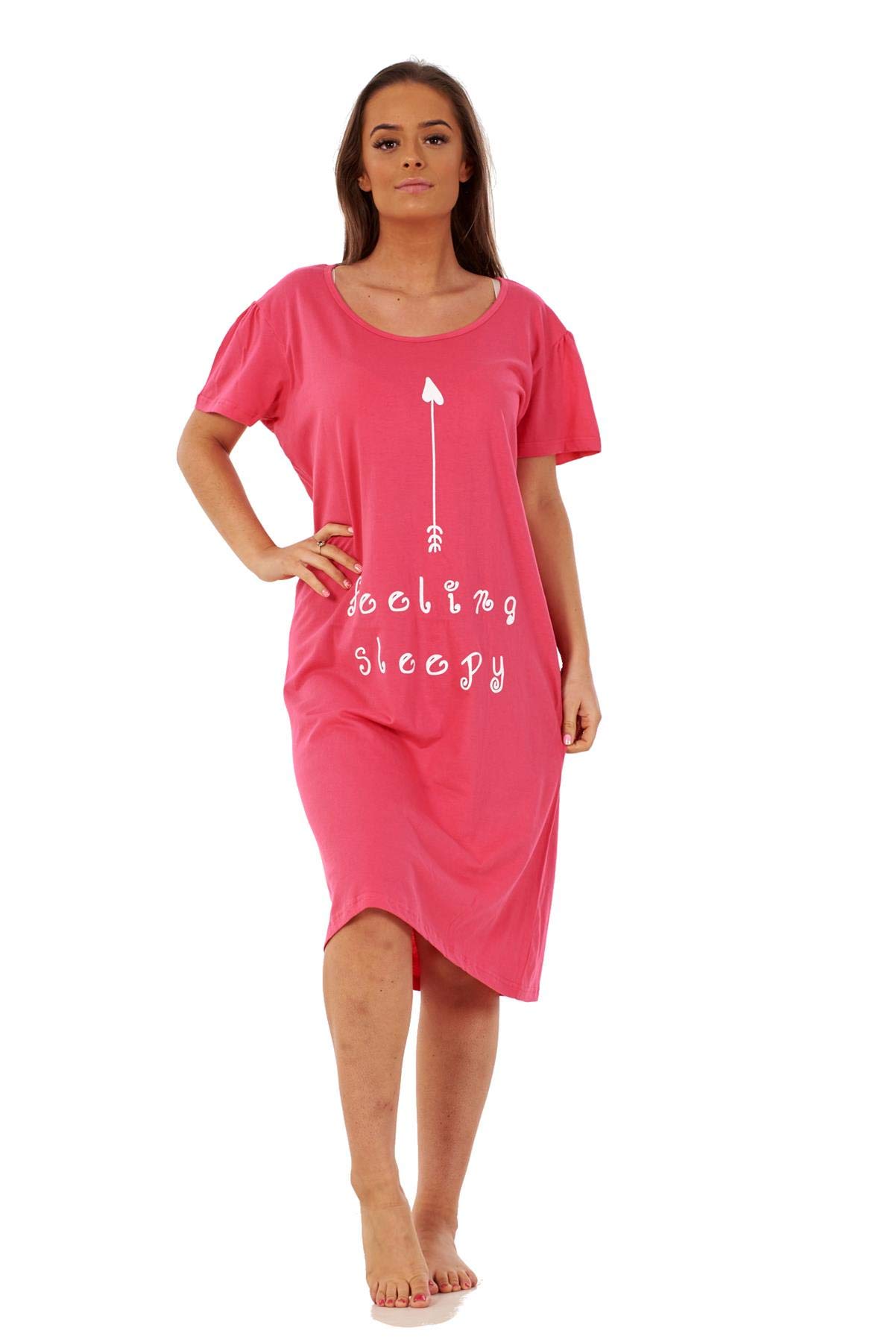 Malay Women's Fuchsia Arrow Nightdress Round Neck Printed Words Short Sleeve Nightie Nightshirt M-Xxl