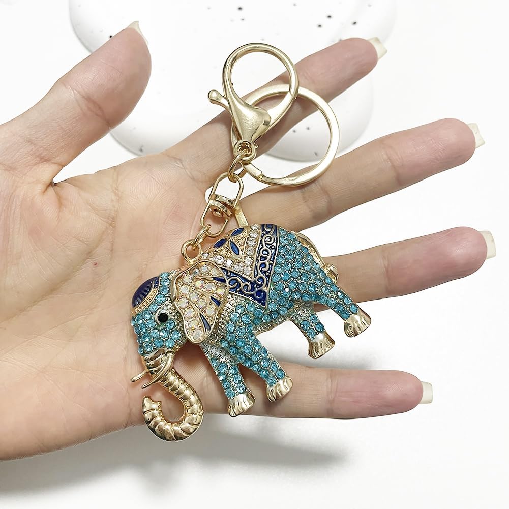 Rhinestone Elephant Keychain Gold Plated Hook Cute Sparkly Crystal Elephant Lucky Key Chain for Women - Image 2