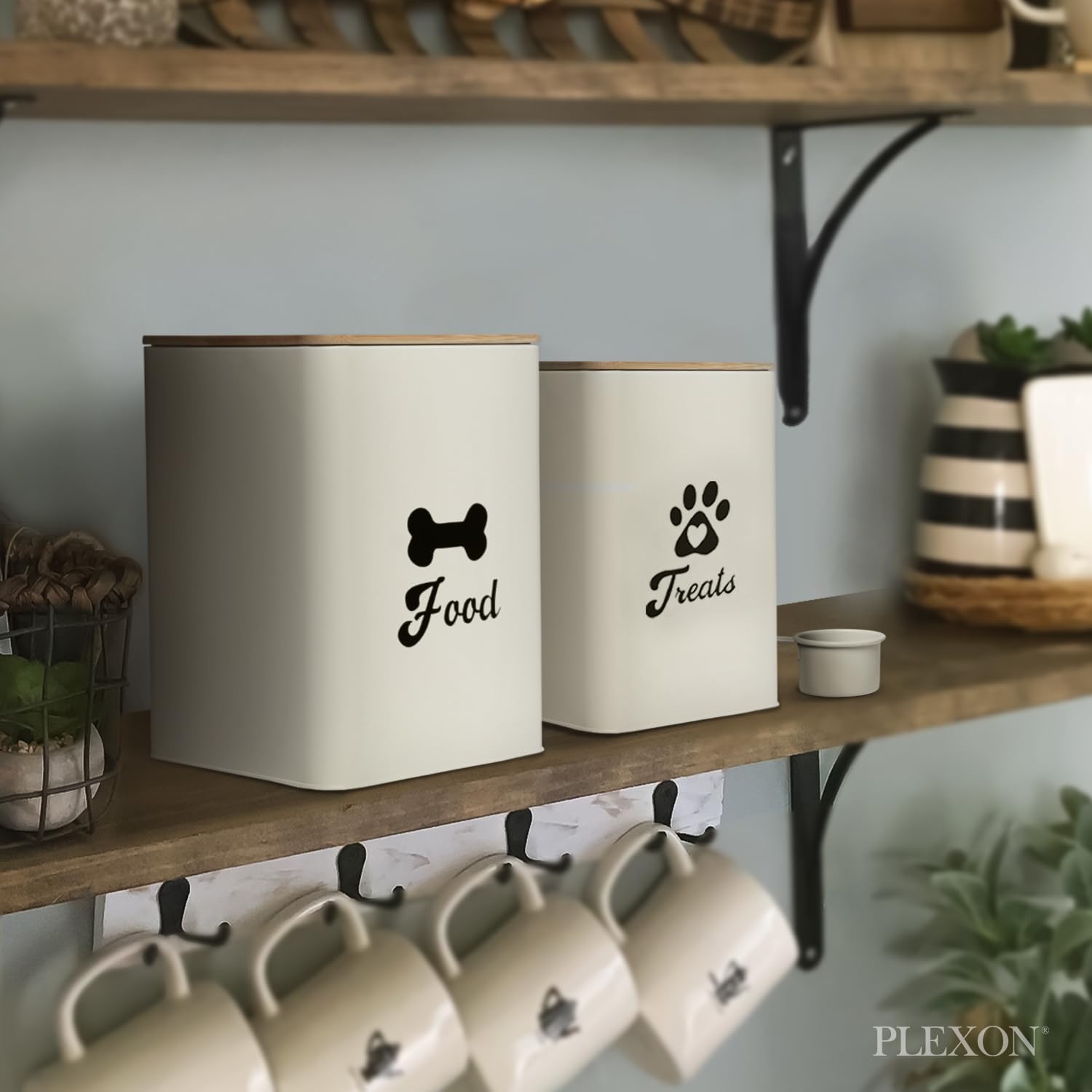 Plexon Pet Food Storage Containers, Dog Food Storage Container with Spoon and Wood Lids, Set of 2 Pet Food Container, Beige