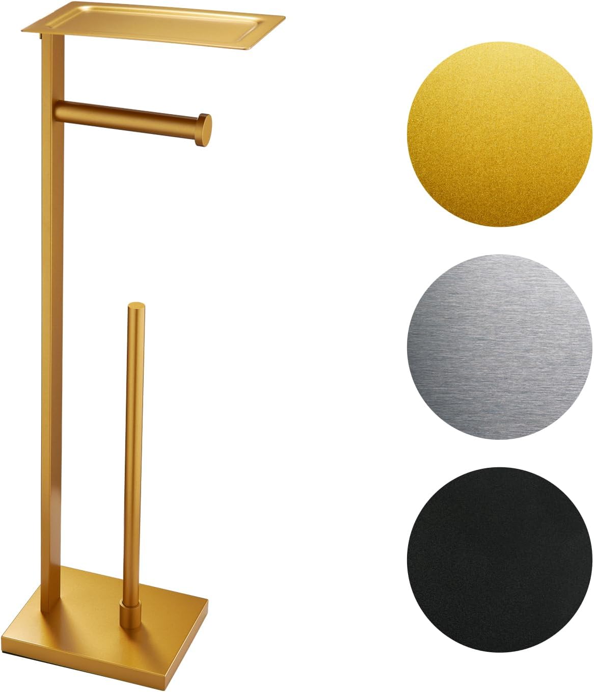 Miyili Bathroom Lavatory Toilet Paper Holder with Shelf Stainless Steel Freestanding Toilet Tissue Roll Holder Square Style Gold, F04G2 Brushed Gold