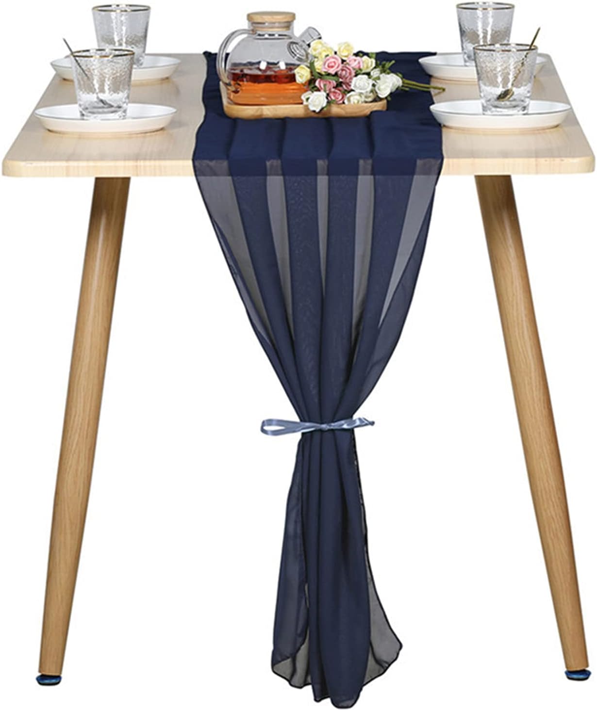 5 Pieces Navy Blue Chiffon Table Runner 28 x 120 inch Sheer Table Runner Decor for Wedding Bridal Shower, Baby Shower, Reception, Birthday Party Table