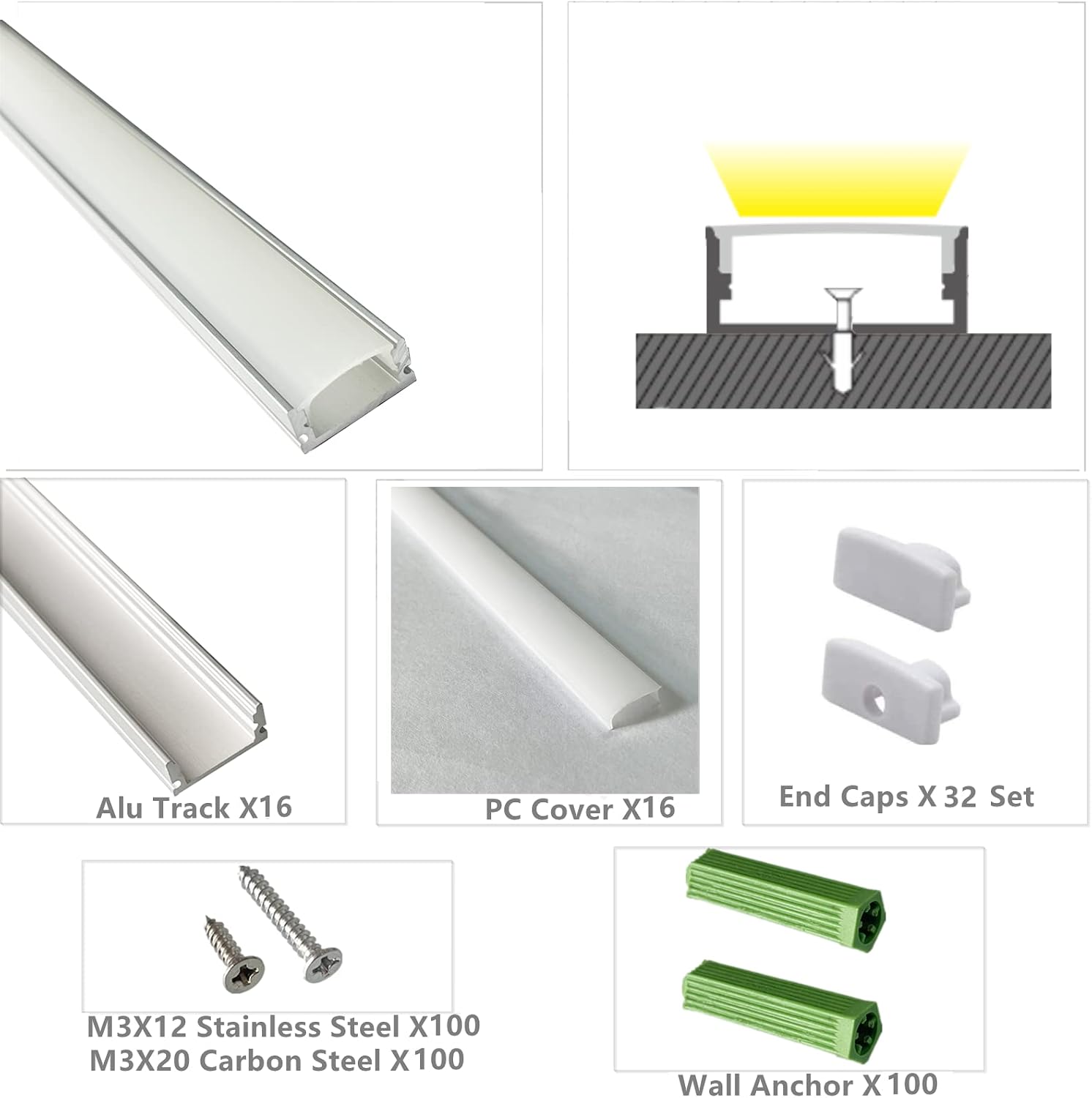THMOOTHER Pre-Drilled 6.56FT U Shape LED Strip Channel Diffuser,8-Pack Aluminum Profiles with Milky Cover,Flush Surface Mounted Cabinet Ceiling Wall Tape Light Track (16)