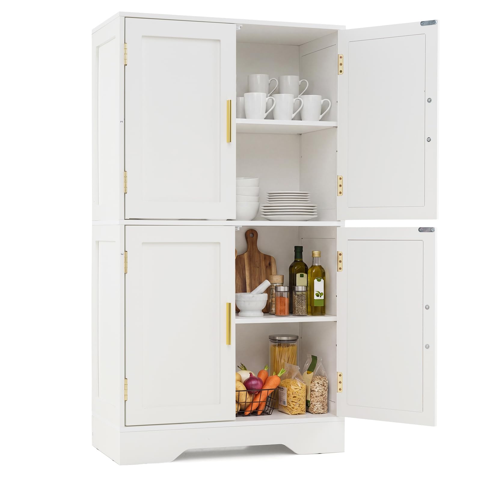 COSTWAY Küchenschrank aus Holz, Vorratsschrank Küche, Buffetschrank mit 4 Türen & 2 verstellbaren Regalen, Aufbewahrungsschrank freistehend für Wohnzimmer, Esszimmer, 60 x 30 x 110cm (Weiß)