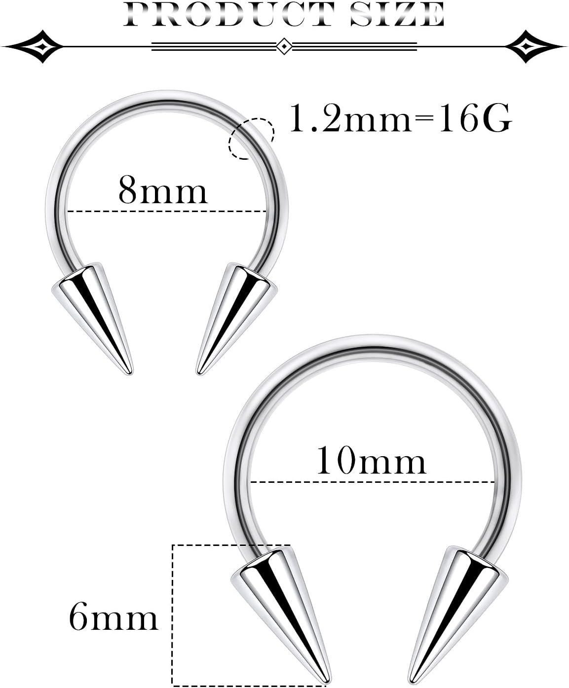 Long Spike Septum Rings 16G Surgical Steel Snake Bite Jewelry Lip Rings Smiley Piercing Jewelry for Women Men 8mm/10mm