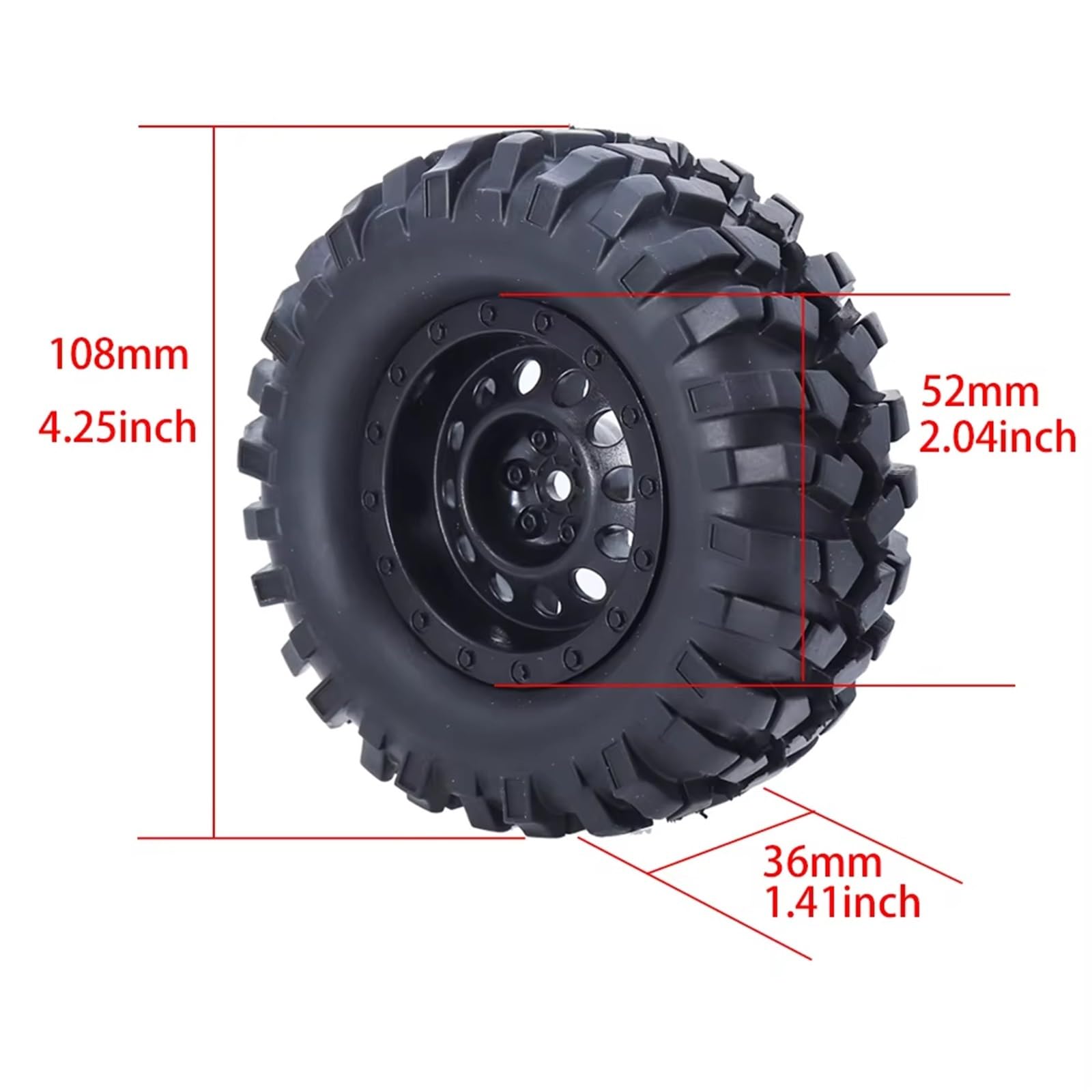 Rc Tire Jante pour Axial pour D90 pour SCX10 pour Roche pour Voiture d'escalade 4 Pièces 1:10 pour Pneus sur Chenilles Roue 1.9 Pouces 108mm Jante De Roue en Caoutchouc Hex 12mm(Black)