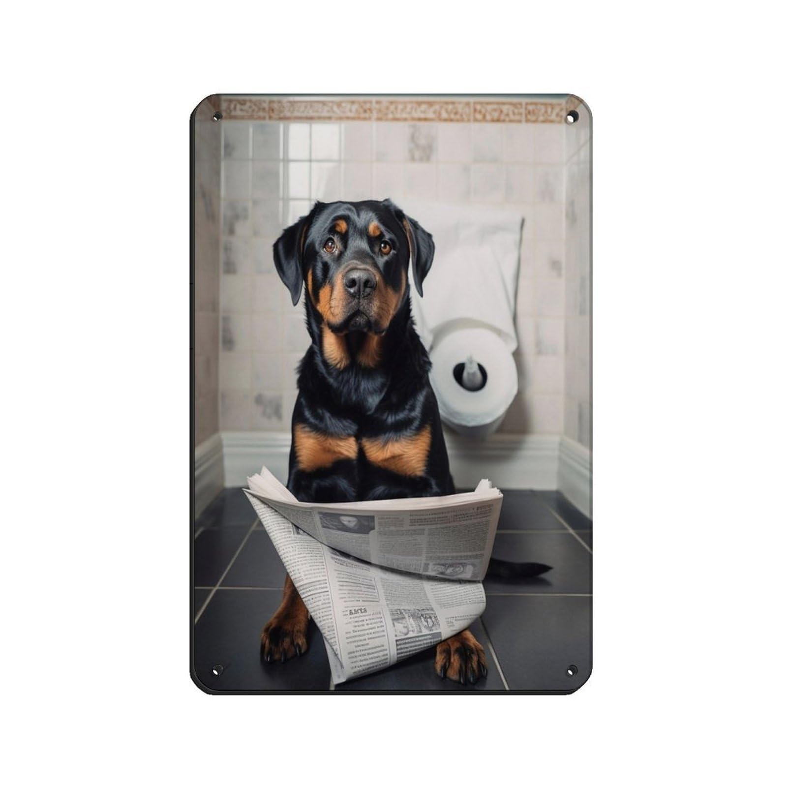 Rottweiler on Toilet Reading The Newspaper Tin Sign Vintage Metal Pub Club Cafe Bar Home Wall Art Decoration Poster Retro 8x12inch(20x30cm)