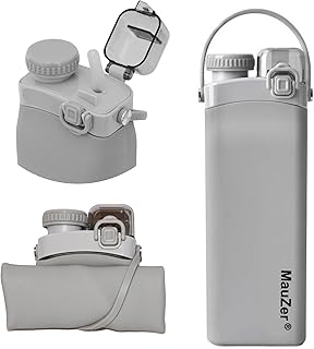 Mauzer® Faltbare Trinkflasche mit Strohhalm - Auslaufsicher, 600ml Wasserflasche aus Silikon, BPA frei - Ideal für Kinder, Sport, Reisen, Camping, oder Festival (Grau)