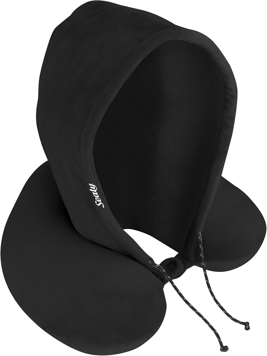 Almohada de viaje – Almohada de cuello de avión con capucha, almohada de viaje para aviones, almohada de viaje de espuma viscoelástica, almohadas de viaje de apoyo premium para vuelos largos (carbón)
