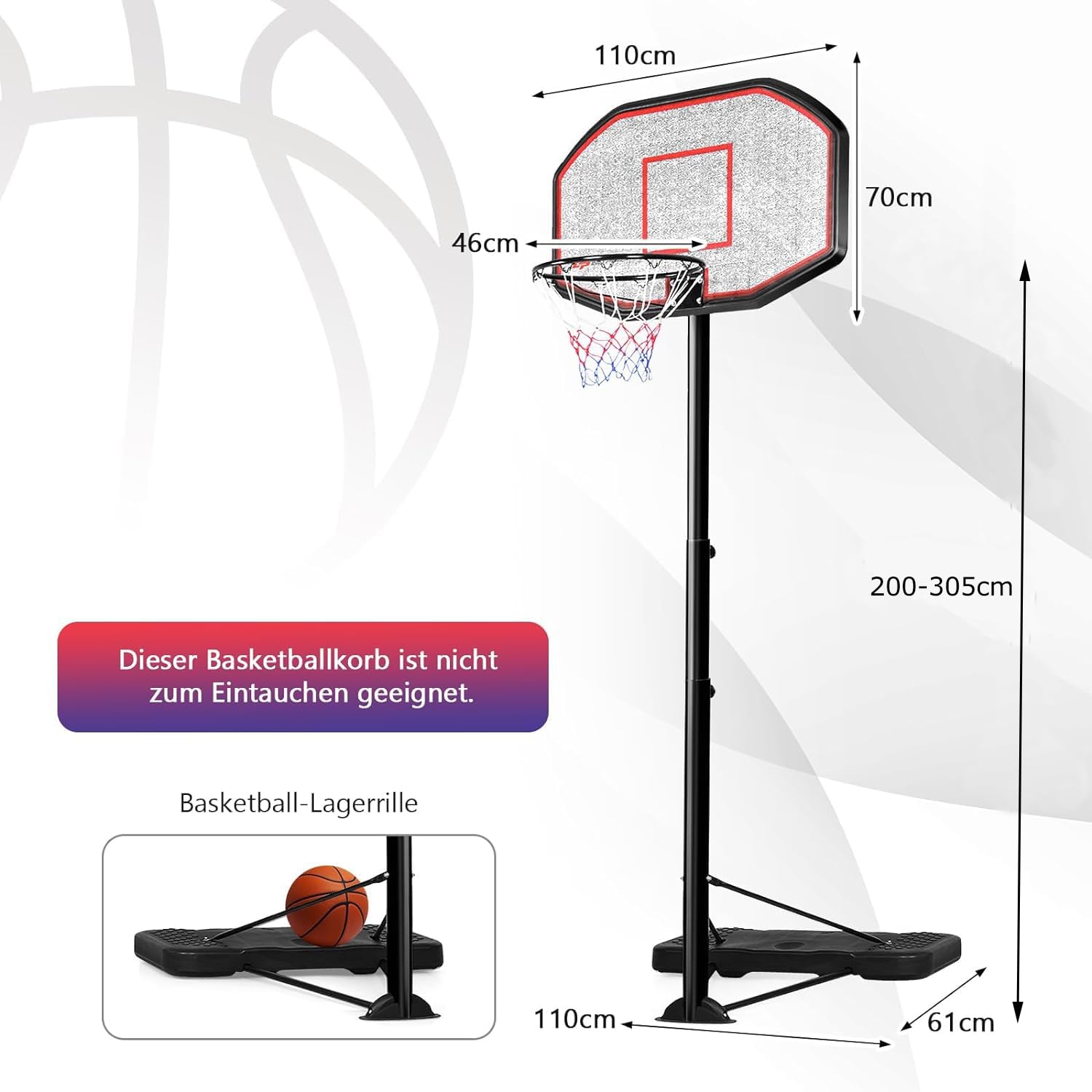 GOPLUS Basketbalstandaard, basketbalinstallatie, in hoogte verstelbaar, 130-305 cm, korf, voet met water of zand, basketbalkorf met standaard voor jongeren en volwassenen
