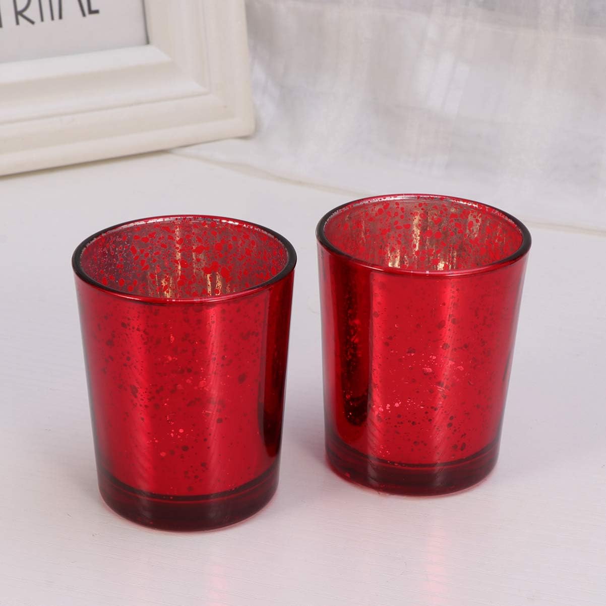 Uonlytech Red Votive Candle Holders, Mercury Glass Tealight Holder Vintage Glass Cup Candlestick Tabletop Ornament for Christmas Home (2Pcs)