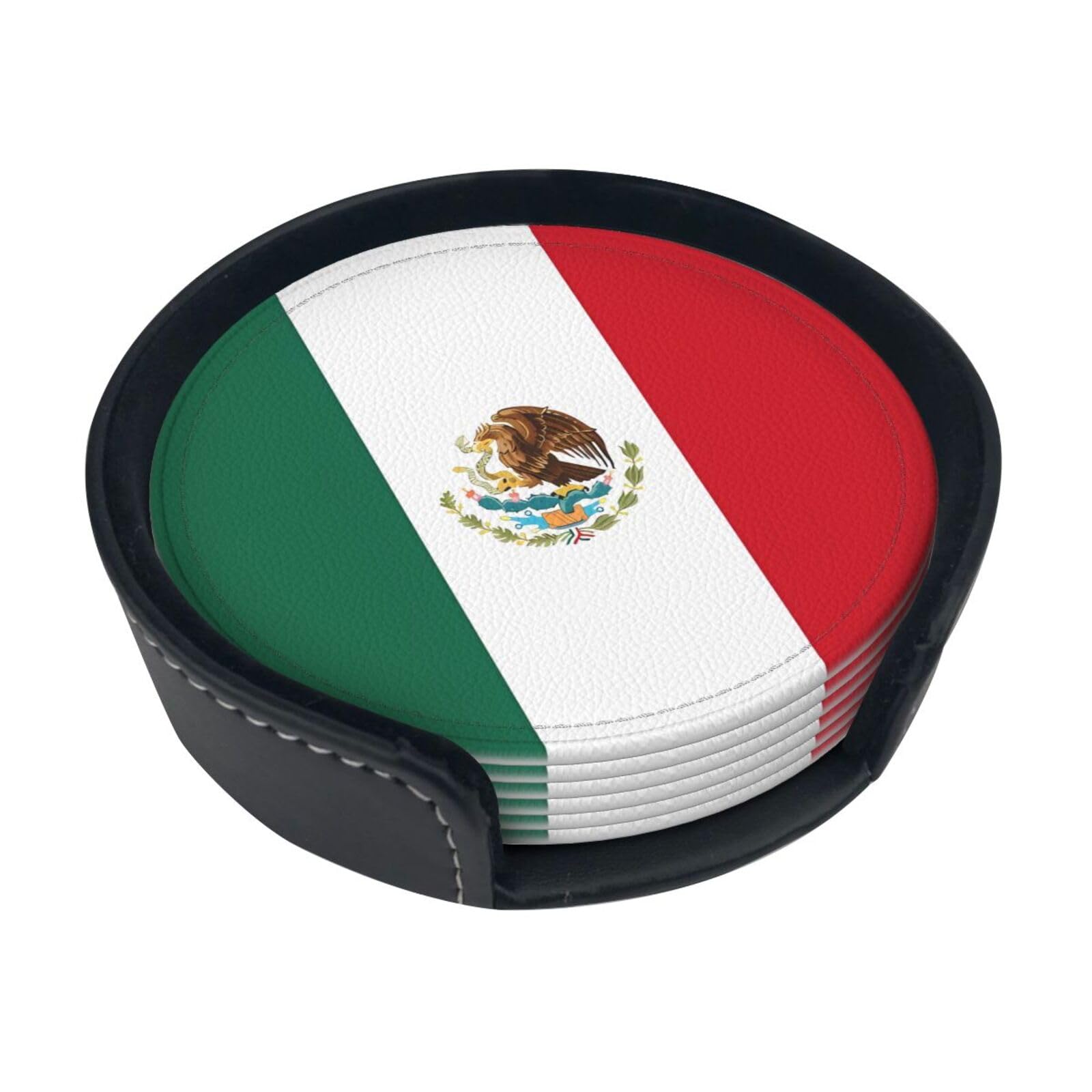 Flag of Mexico Printed Coaster Set, with Holders, 6 Pieces. Suitable for Dining Tables, Kitchen Decor, and Coffee Tables.