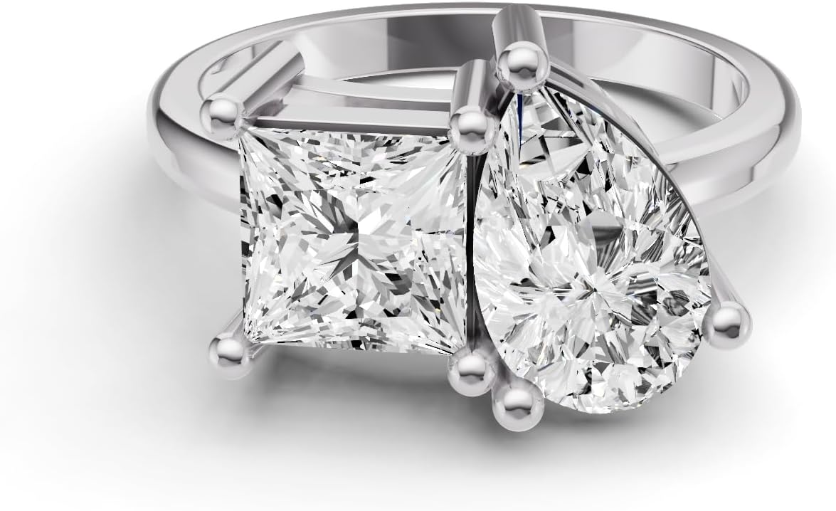 2 Carat - 4 Carat Pear and Multi-Shape Lab Grown Diamond Two Stone Engagement Ring | 14k Yellow Gold Ring Size 7 | E-F Color and VS1 Clarity