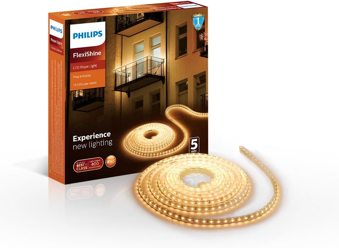 Philips 5 Meter LED Rope Light | Flexishine Plug n Play Flexible Rope Light for Indoor and Outdoor Decorations | Rope Light for False Ceiling,Balcony,Diwali,Christmas | Warm White, Pack of 1
