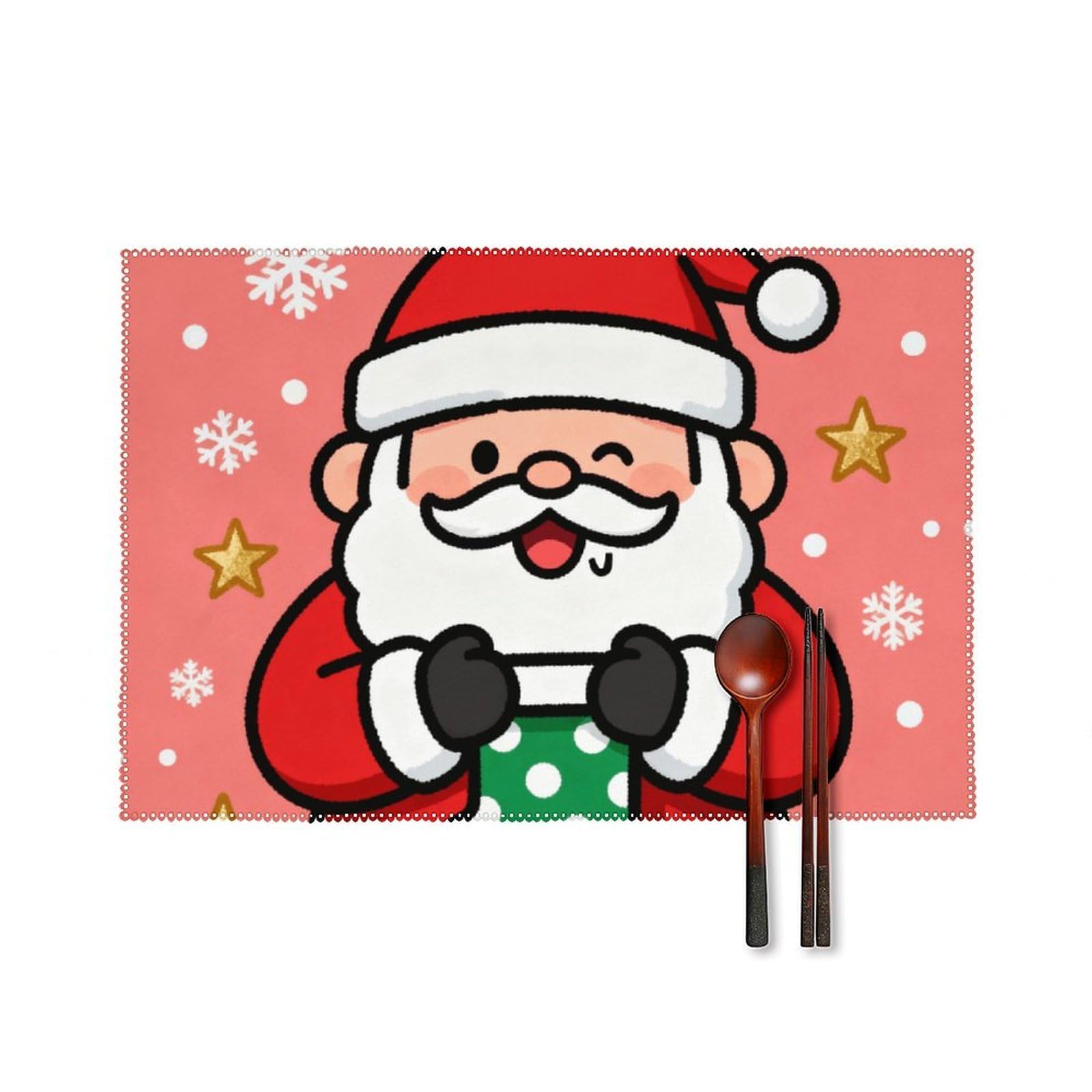 Cute Santa Claus Placemats Set of 6, 12x18 Inch Heat Resistant Washable Canvas Table Mats, Stain Resistant Decorative Dining Placemats for Kitchen, Restaurant, Outdoor Party