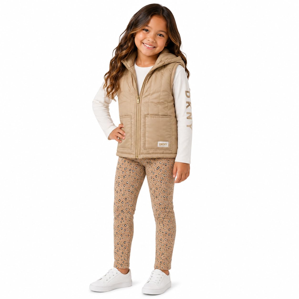 DKNY Girls 3 Piece Puffer Vest Shirt and Flare Leggings Set