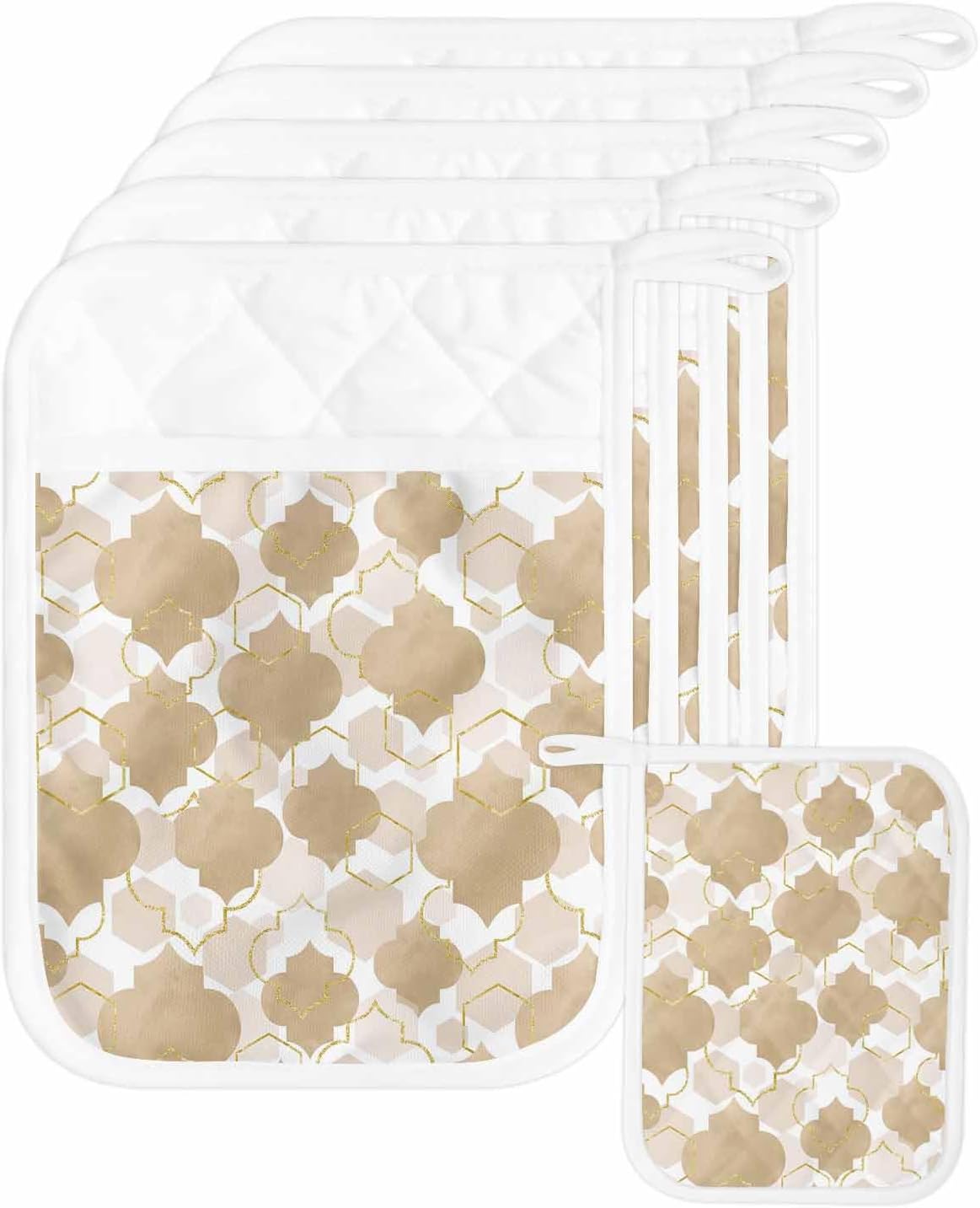 5 Pack Pot Holder with Pocket, Abstract Geometric Gold Diamond Kitchen Potholders Heat Proof Non Slip Pot Holders Sets, Beige Brown Moroccan Pattern Hot Pads Potholder for Cooking Baking BBQ