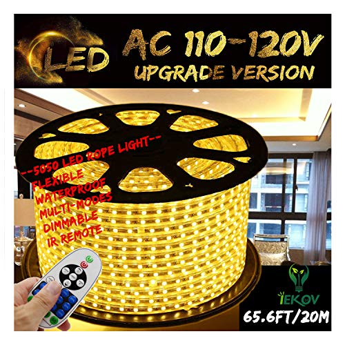 Image of Warm White Color LED Strip Light, AC 110-120V Flexible /Waterproof /Multi-Modes Function /Dimmable SMD5050 LED Rope Light with Remote for Home /Office /Building Decoration (65.6ft /20m)